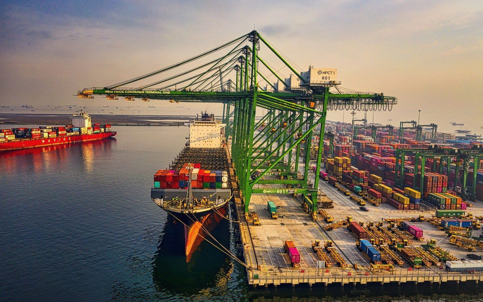 Green gantry cranes load containers onto ships docked at a busy port terminal