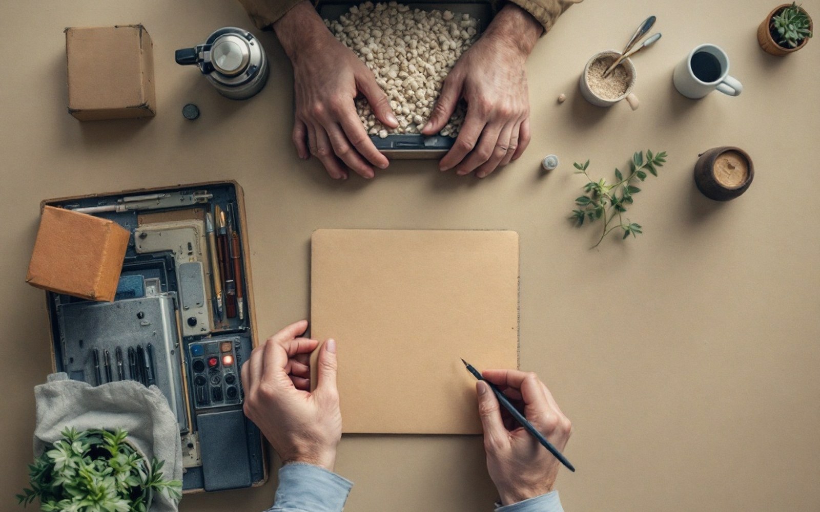 Overhead view of hands writing on blank paper beside a box of packing material and tools